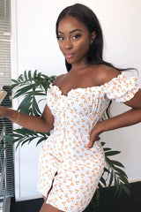 White Orange Polka Dot Milkmaid Button Front Dress - Eisa-Dresses