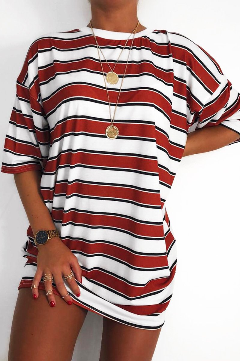 White Orange Stripe Oversized T-Shirt Dress - Rayelle-Dresses