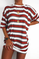 White Orange Stripe Oversized T-Shirt Dress - Rayelle-Dresses