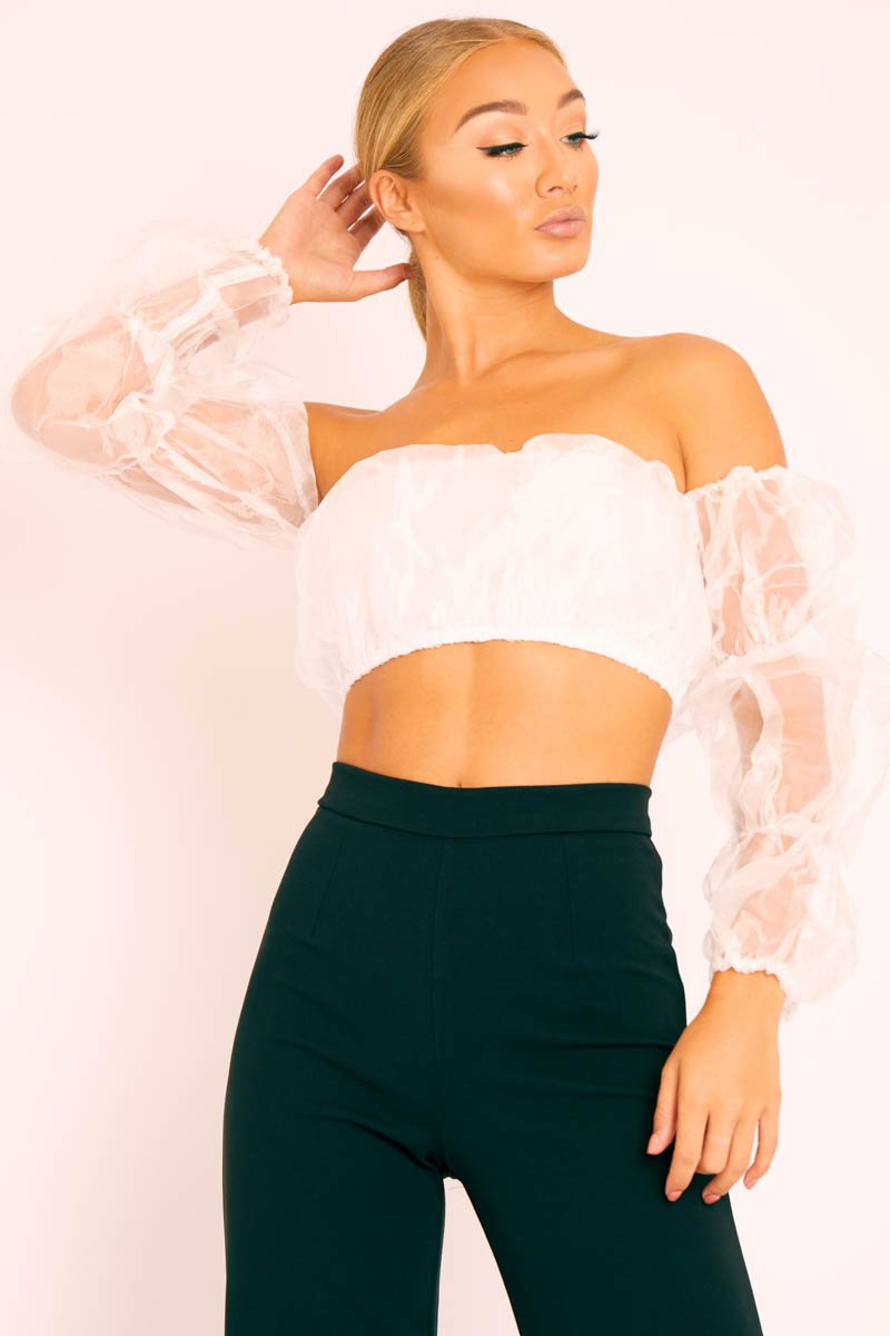 White Organza Bardot Puff Sleeves Crop Top - Teresa-Crop Tops