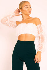 White Organza Bardot Puff Sleeves Crop Top - Teresa-Crop Tops