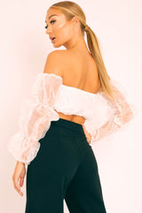 White Organza Bardot Puff Sleeves Crop Top - Teresa-Crop Tops