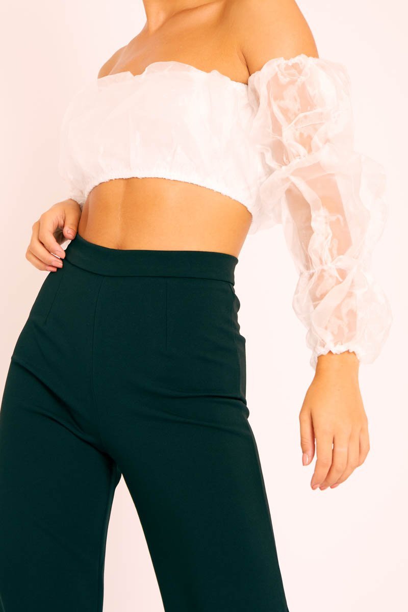White Organza Bardot Puff Sleeves Crop Top - Teresa-Crop Tops