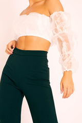 White Organza Bardot Puff Sleeves Crop Top - Teresa-Crop Tops