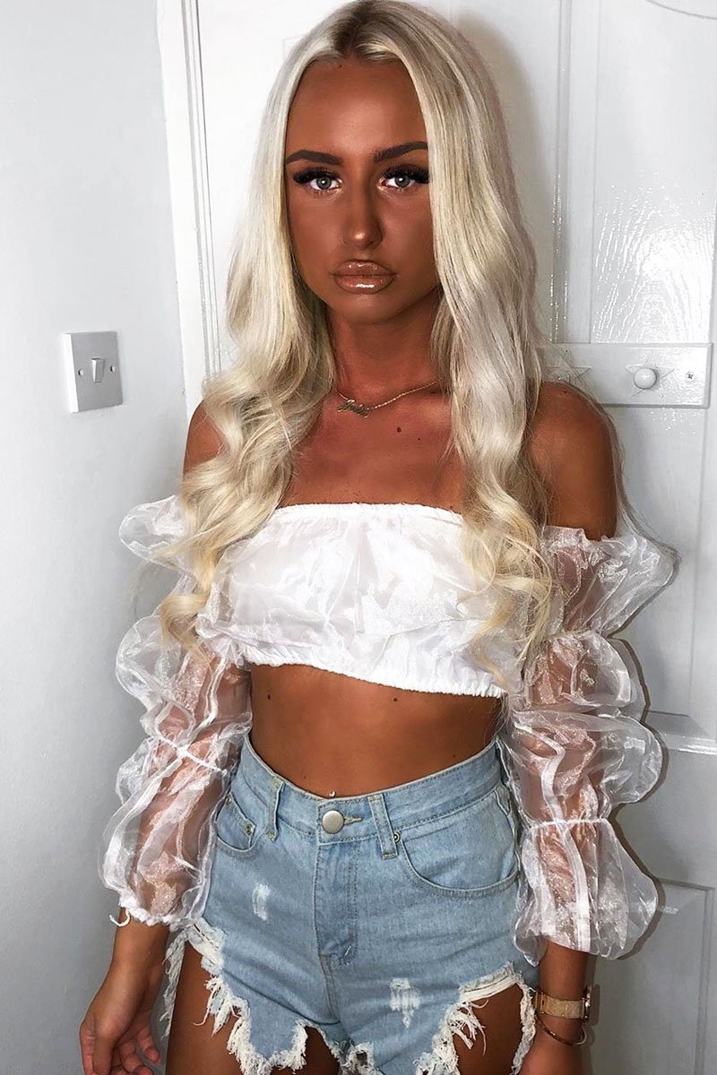 White Organza Bardot Puff Sleeves Crop Top - Teresa-Crop Tops