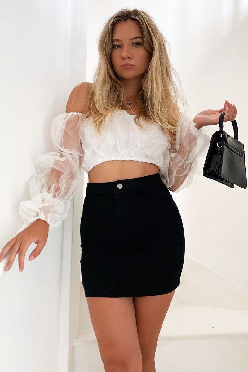 White Organza Bardot Puff Sleeves Crop Top - Teresa-Crop Tops