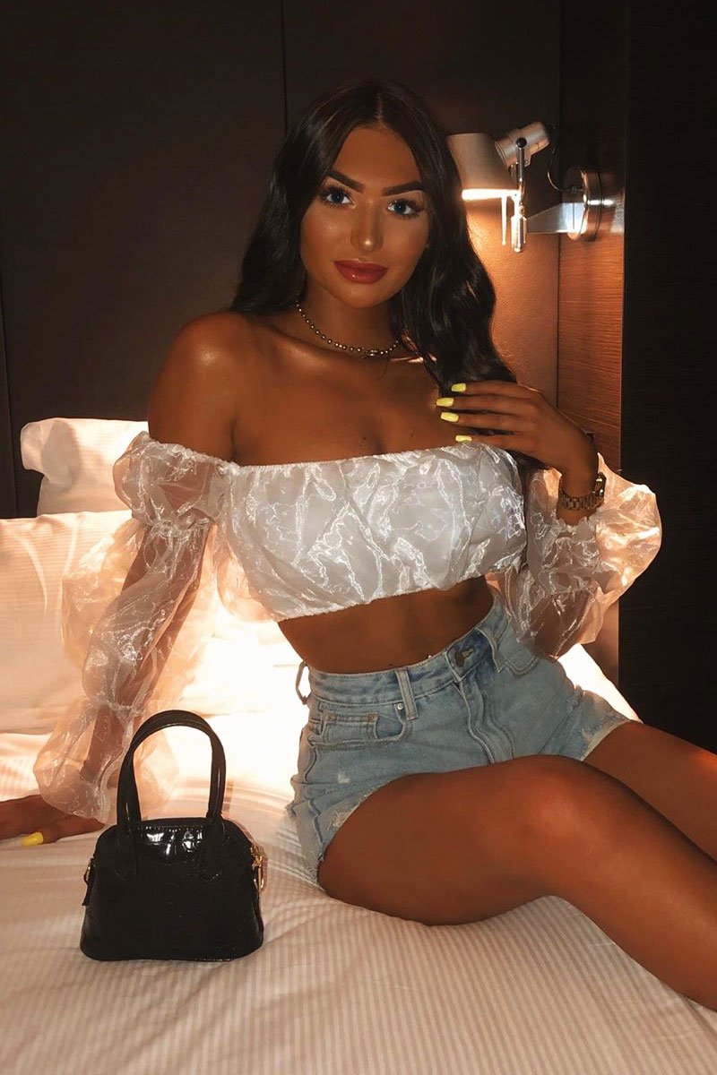 White Organza Bardot Puff Sleeves Crop Top - Teresa-Crop Tops