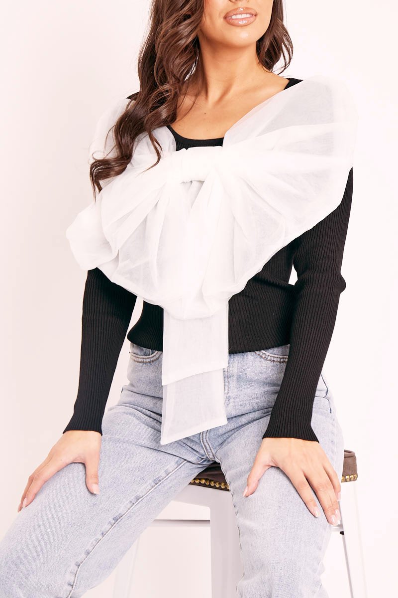 White Organza Bow Front Ribbed Top - Fergie-Tops