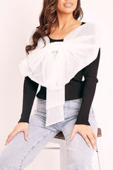 White Organza Bow Front Ribbed Top - Fergie-Tops