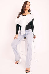 White Organza Bow Front Ribbed Top - Fergie-Tops