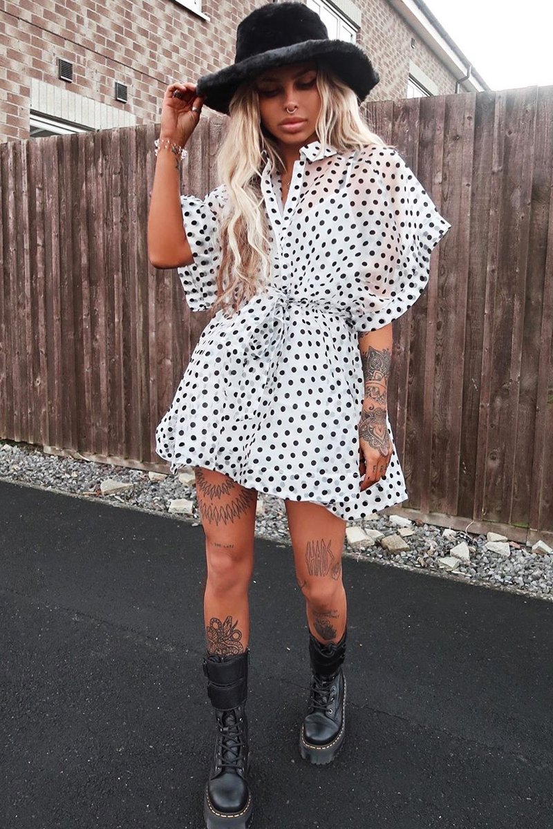 White Organza Polka Slip Insert Shirt Dress - Nathalia-Dresses