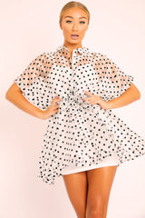 White Organza Polka Slip Insert Shirt Dress - Nathalia-Dresses