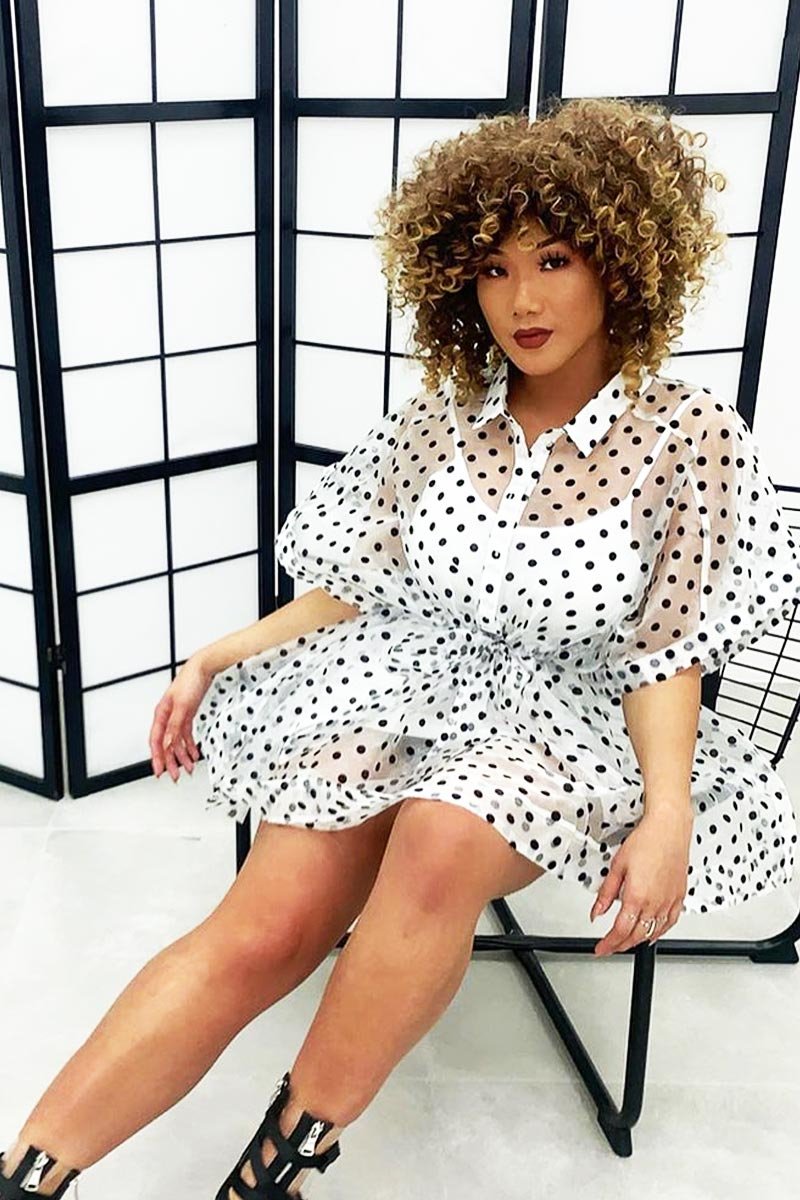 White Organza Polka Slip Insert Shirt Dress - Nathalia-Dresses