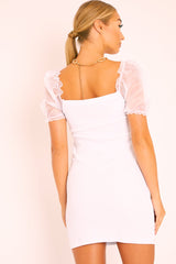 White Organza Puff Sleeve Mini Dress - Dalena-Dresses