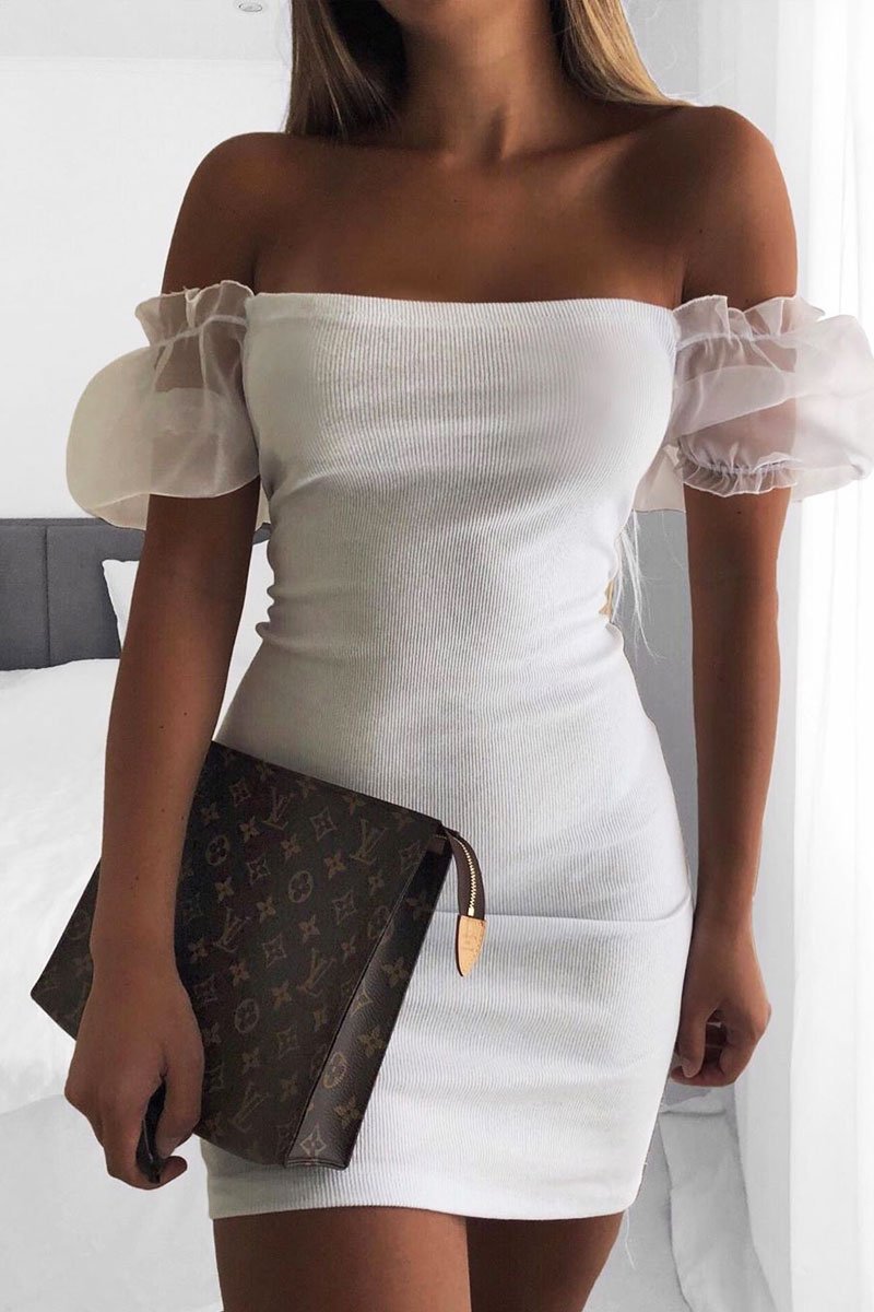 White Organza Puff Sleeve Mini Dress - Dalena-Dresses