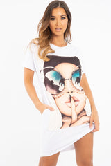 White Oversized Face Silence T-Shirt Dress - Brinsley-Dresses