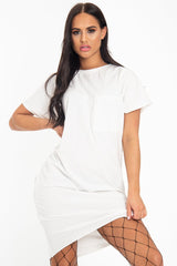 White Oversized Pocket Front Midi T-Shirt Dress - Whitney-Dresses