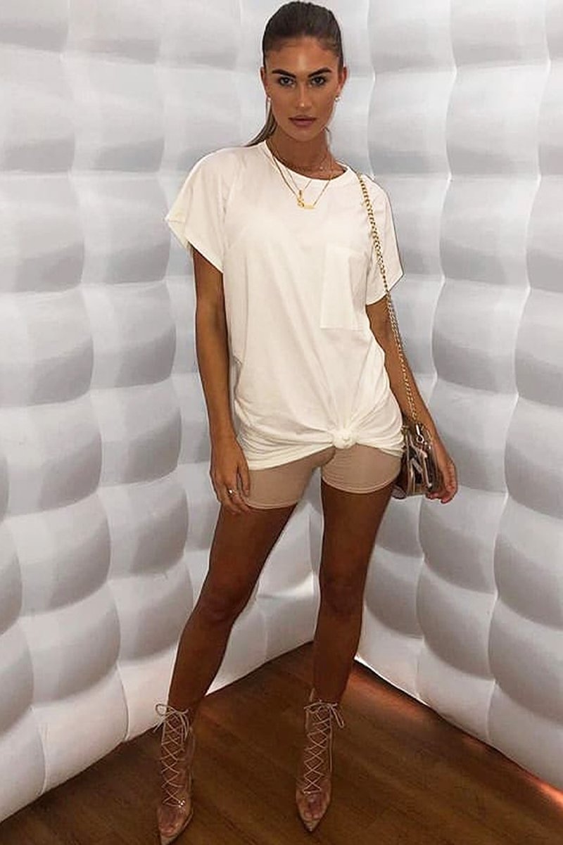 White Oversized Pocket Front Midi T-Shirt Dress - Whitney-Dresses