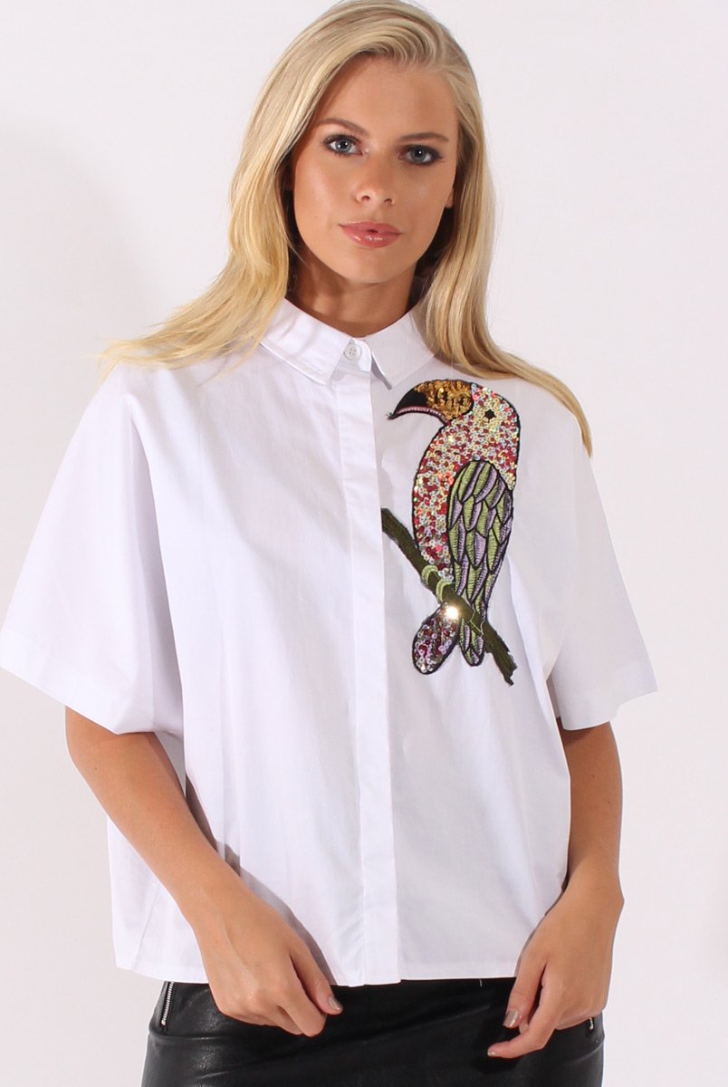 White Oversized Sequin Badge Batwing Shirt - Skye-Shirts