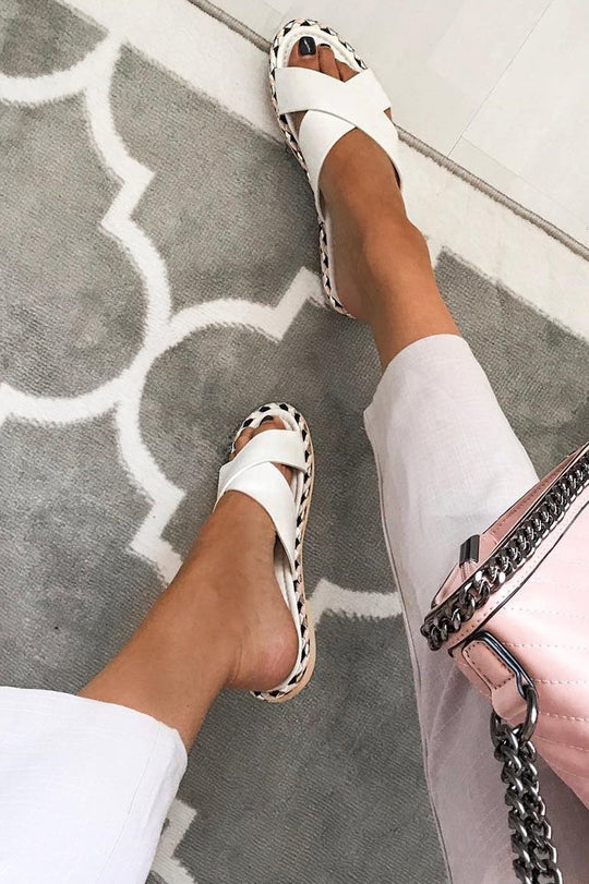 White PU Braided Detail Cross Over Sandals - Aamiyah