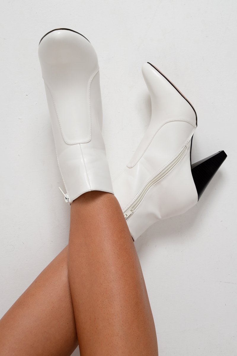 White PU Cone Heel Boots - Gunnar-Boots