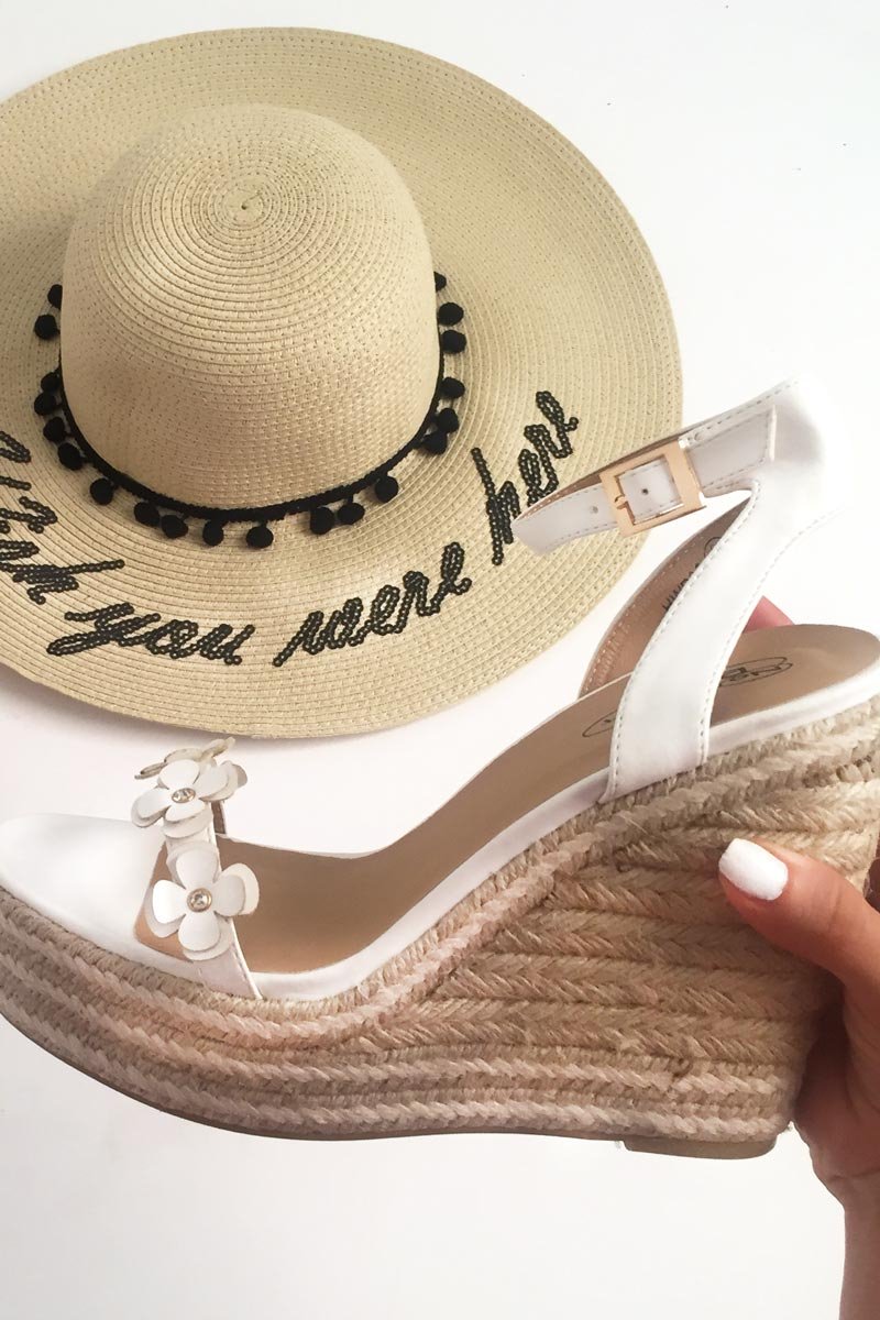White PU Flower Detail Wedges - Brinna-Wedges