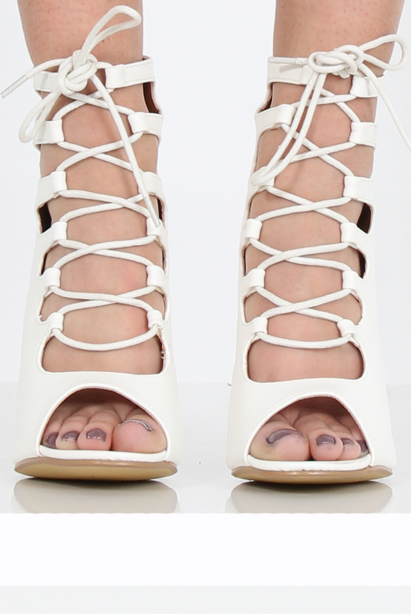 White PU Lace Up Block Heel - Jenine-Heels