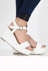 White PU Open Toe Wedge Sandals - Kennie-Sandals