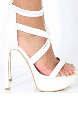 White PU Platform Cross Strap Heels - Tina-Heels