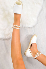 White PU Studded Espadrilles - Hartley-Flats