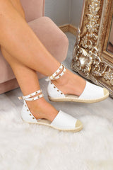 White PU Studded Espadrilles - Hartley-Flats
