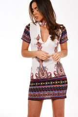 White Paisley Choker Neck Dress - June-Dresses