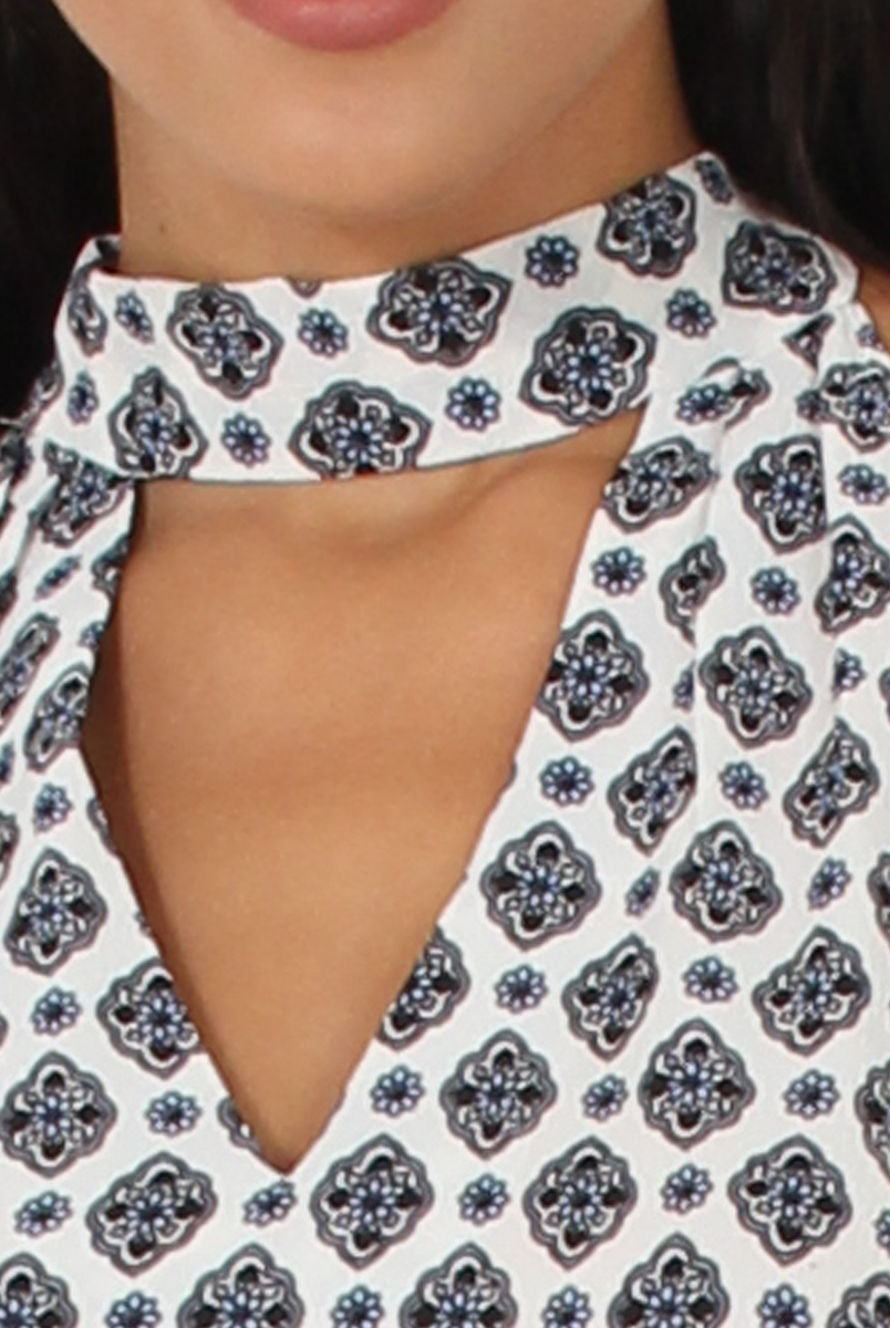 White Paisley Print Choker Dress - Crissy-Dresses