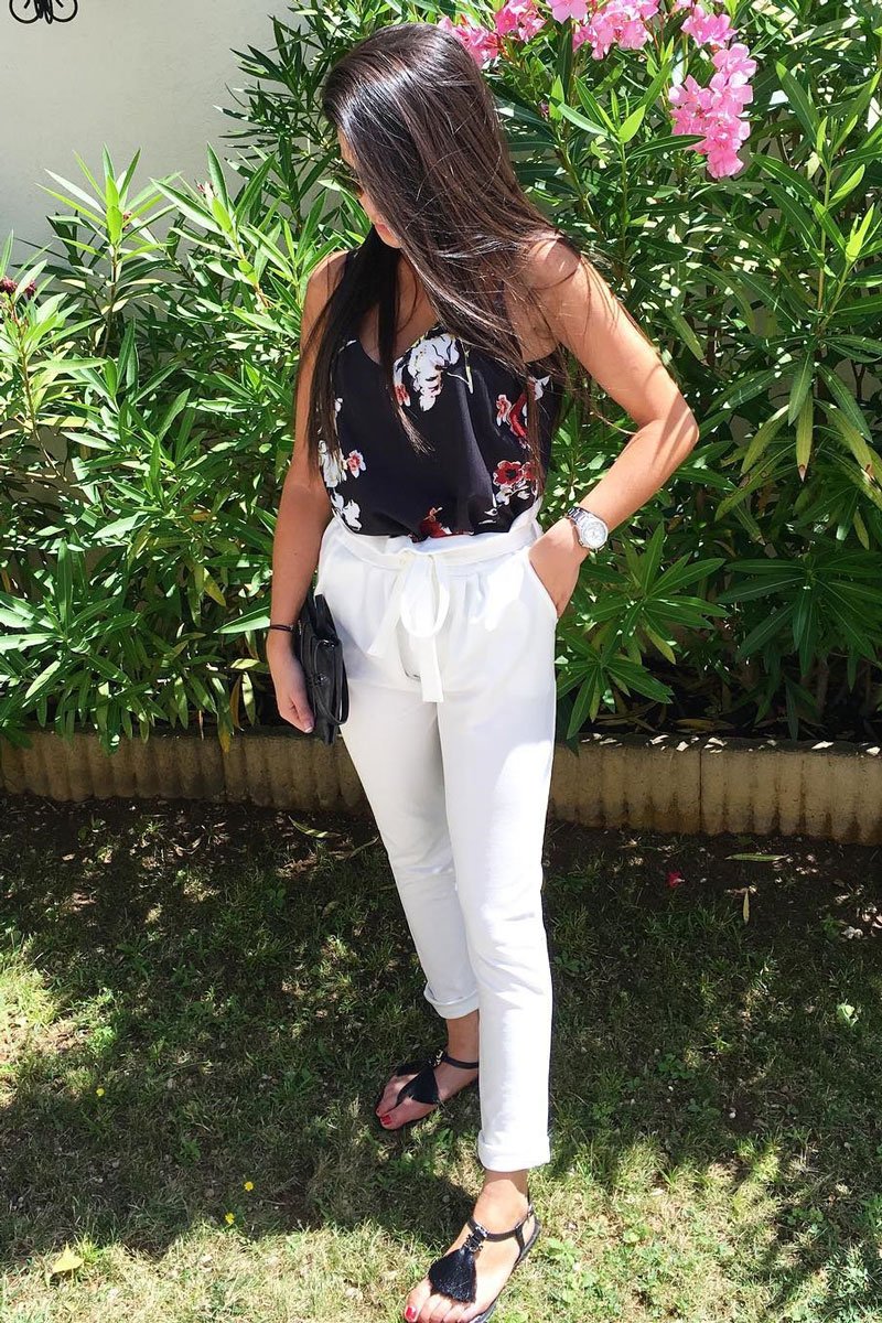 White Paper Bag Tie Waist Cigarette Trousers - Karmen-Trousers