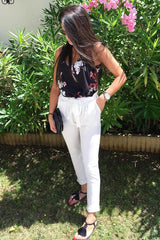 White Paper Bag Tie Waist Cigarette Trousers - Karmen-Trousers