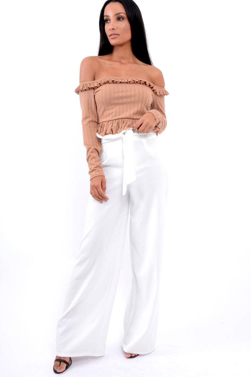 White Paper Bag Tie Waist Wide Leg Trousers - Kennedy-Trousers