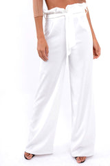 White Paper Bag Tie Waist Wide Leg Trousers - Kennedy-Trousers