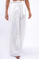 White Paper Bag Tie Waist Wide Leg Trousers - Kennedy-Trousers