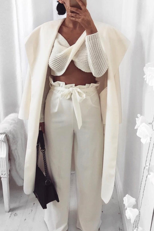 White Paper Bag Tie Waist Wide Leg Trousers - Kennedy