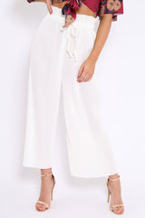 White Paper Bag Waist Wide Legged Pleated Trousers - Louise-Trousers