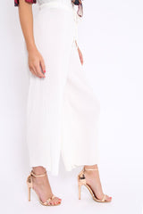 White Paper Bag Waist Wide Legged Pleated Trousers - Louise-Trousers