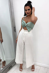 White Paper Bag Waist Wide Legged Pleated Trousers - Louise-Trousers