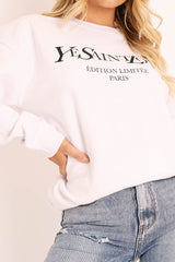 White Parisian Slogan Front Oversized Sweatshirt - Tamy-Loungewear