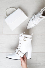 White Patent Buckle Pointed Boots - Canyon-Boots