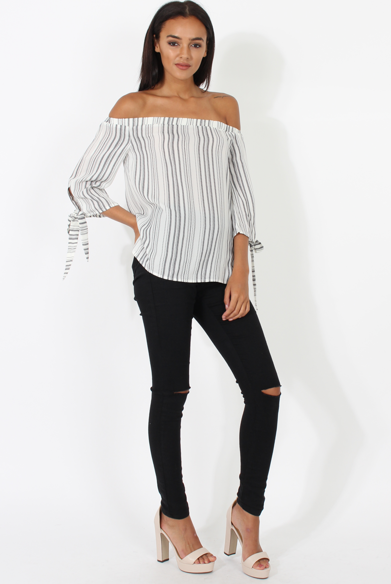 White Patterned Bardot Top - Tessie-Tops