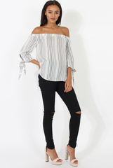 White Patterned Bardot Top - Tessie-Tops
