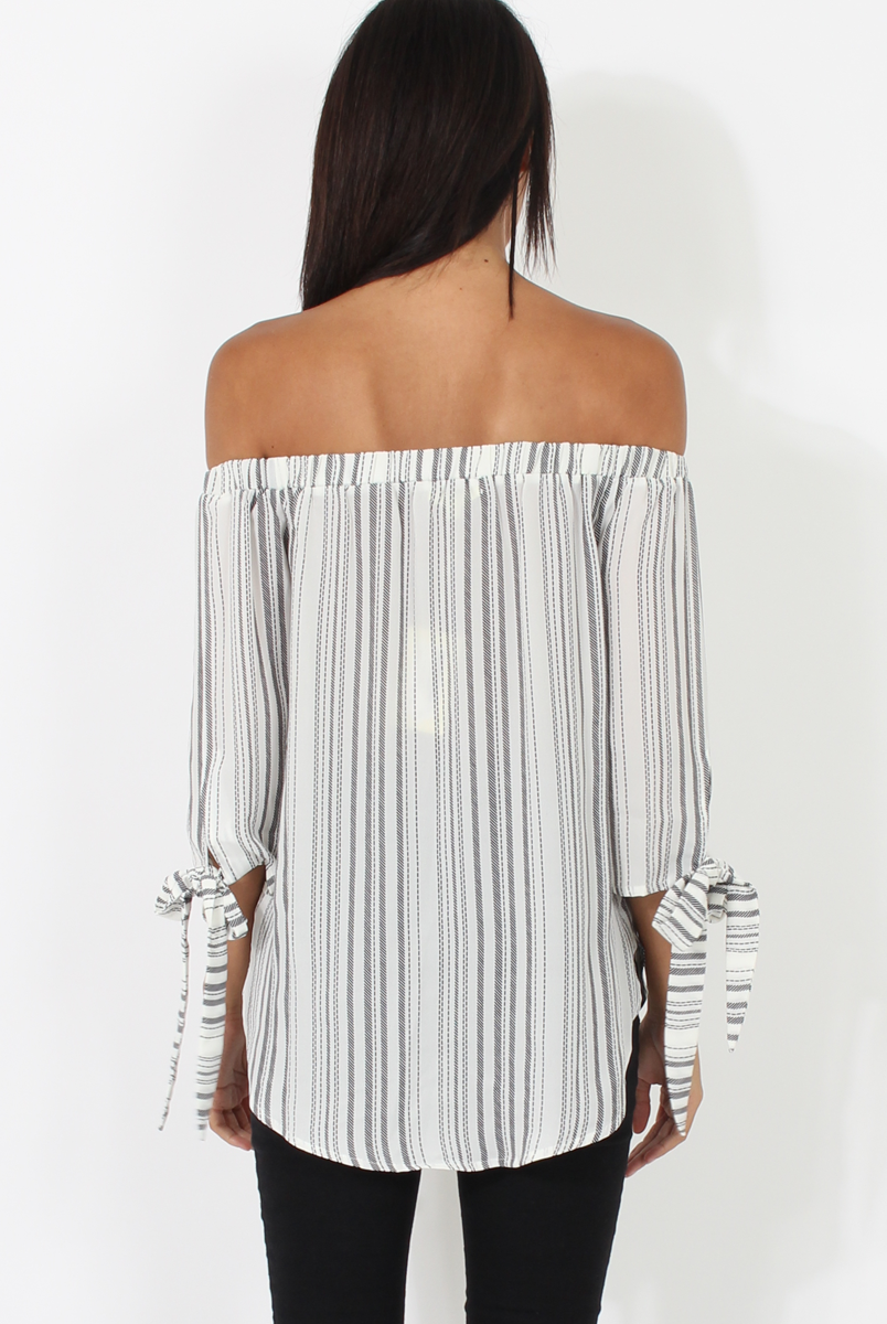 White Patterned Bardot Top - Tessie-Tops