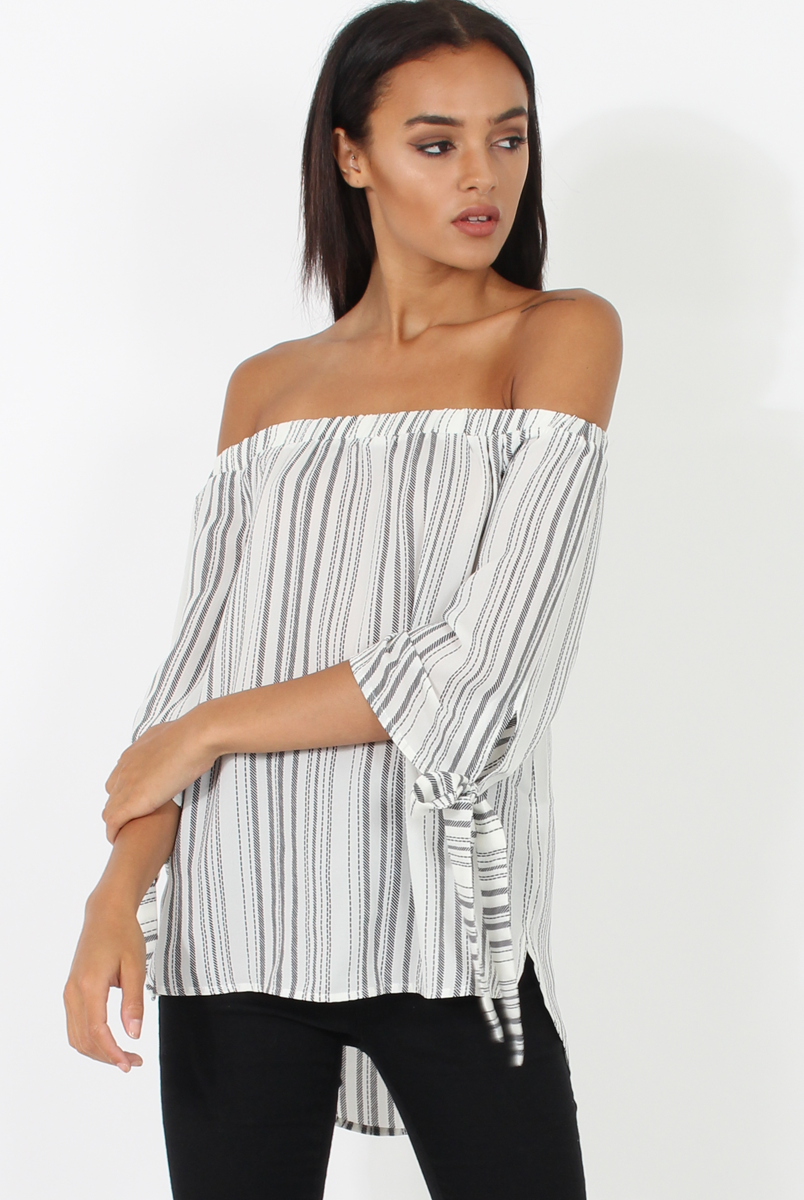 White Patterned Bardot Top - Tessie-Tops