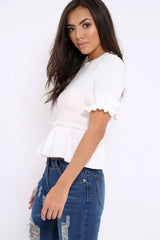 White Peplum Frill Detail Top - Carly-Tops