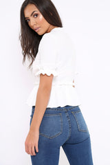 White Peplum Frill Detail Top - Carly-Tops